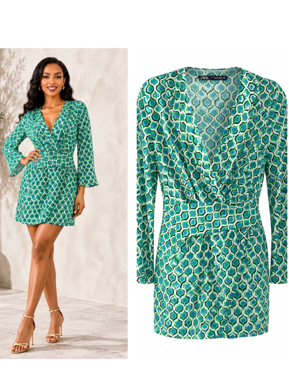 Zara Teal and Aqua Geometric Wrap Mini Dress S